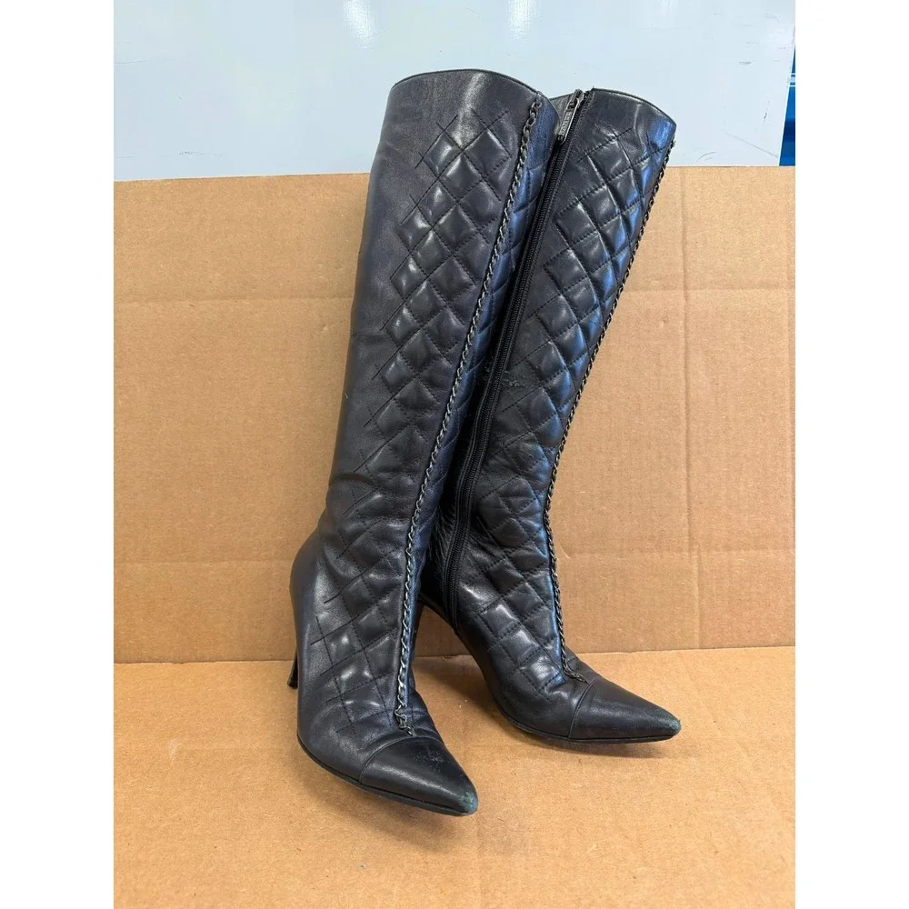 Chanel Quilted Leather Chain Pointed Toe Knee-high Boots Black Womens Size 36 EU